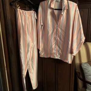 Dreamer silk 2 piece shirt pant pj set in striped pink/light gray - Small
